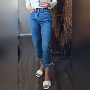 Abercrombie & Fitch High Rise Dad Jeans Frayed Hem Cropped 24 Summer Denim